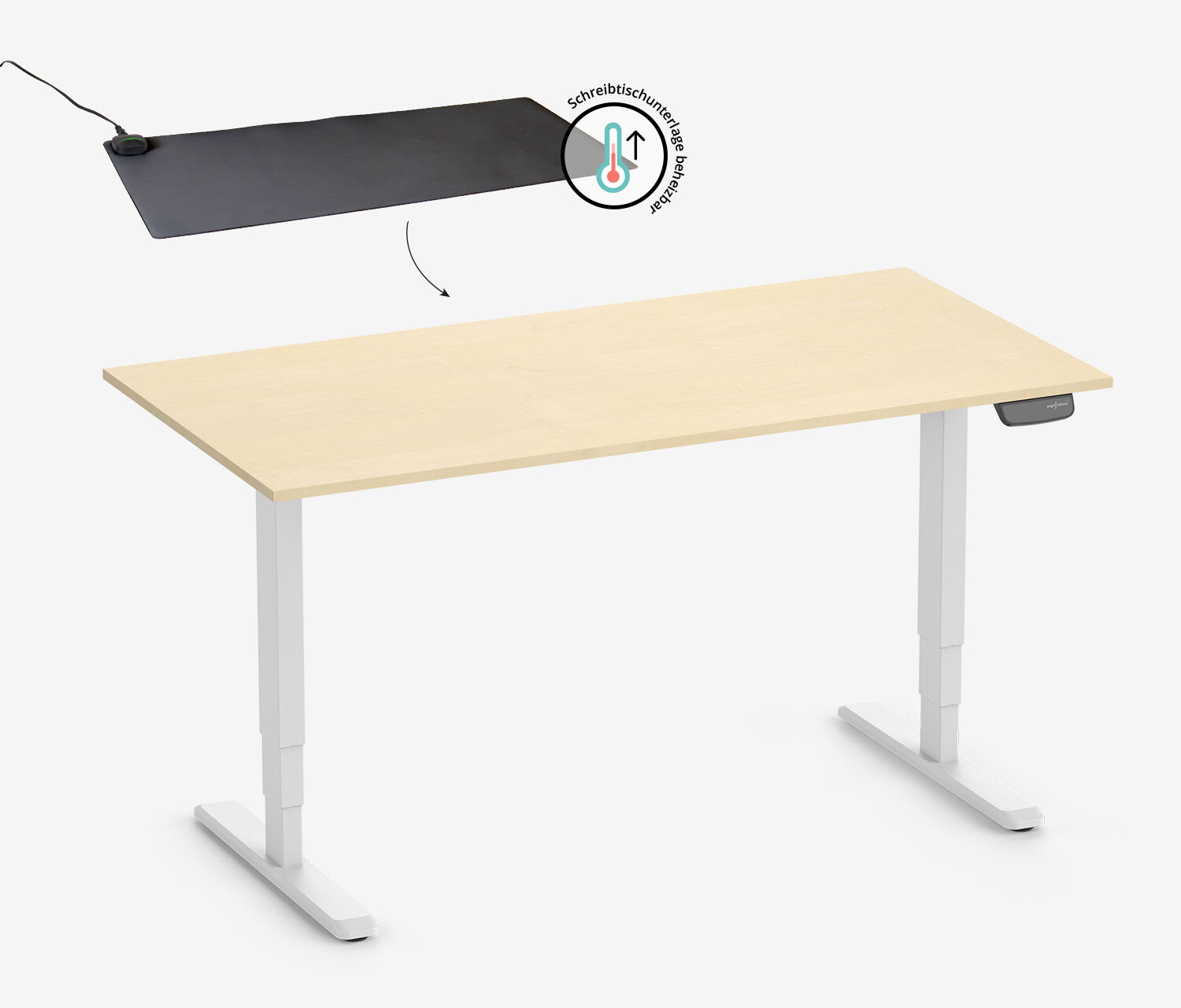 PRIMUS Rechteckschreibtisch, Gestell Weiß, Tischplatte 1200 x 700 x 19 mm Birke + Beheizbare Schreibtischunterlage